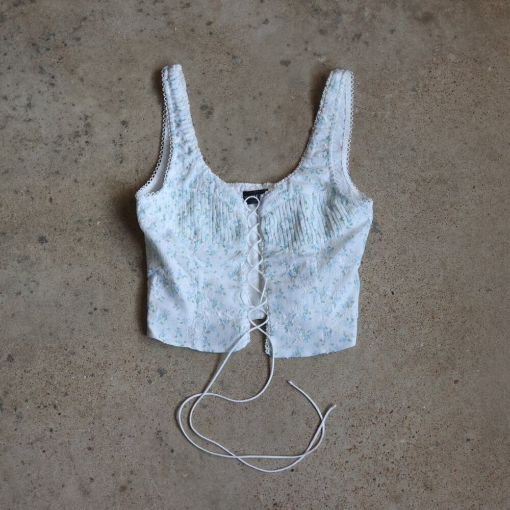 White Fox Y2K Floral Lace Up Corset Top Blue Ditsy Floral Bustier Cottagecore L